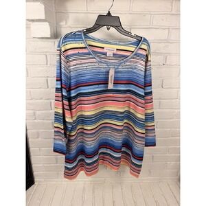 Allison Daley Woman Top 2X Multicolor Striped Rhinestone 3/4 Sleeve NWT